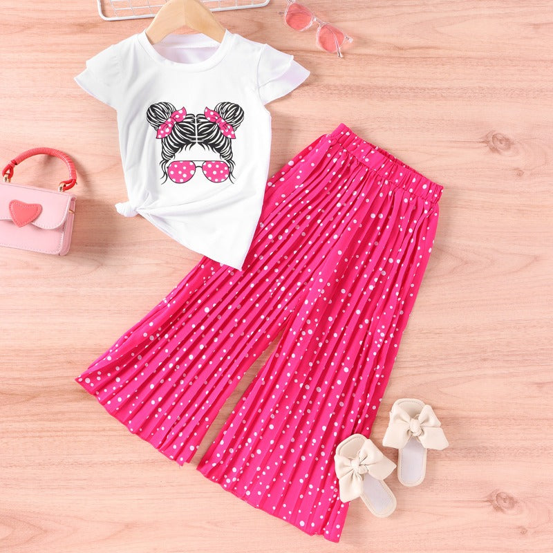 Wholesale Cartoon Avatar Short Sleeved and Wide Leg Pants Casual Polyester Two-piece Set